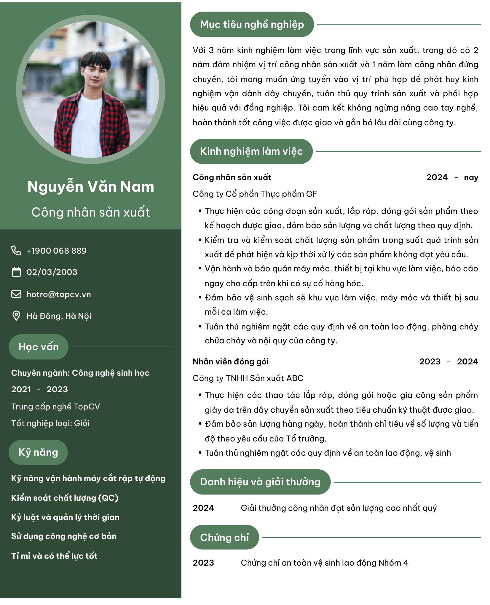 Mẫu CV Công nhân sản xuất đơn giản
